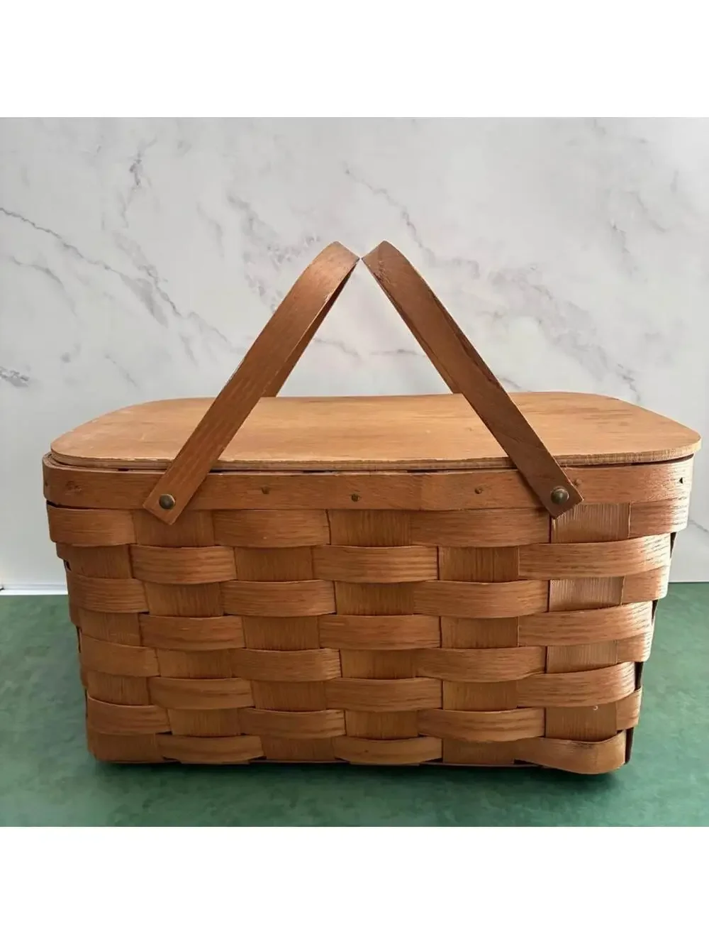 Vintage Basketville Putney Vermont Woven Wood Splint Picnic Basket With Lid